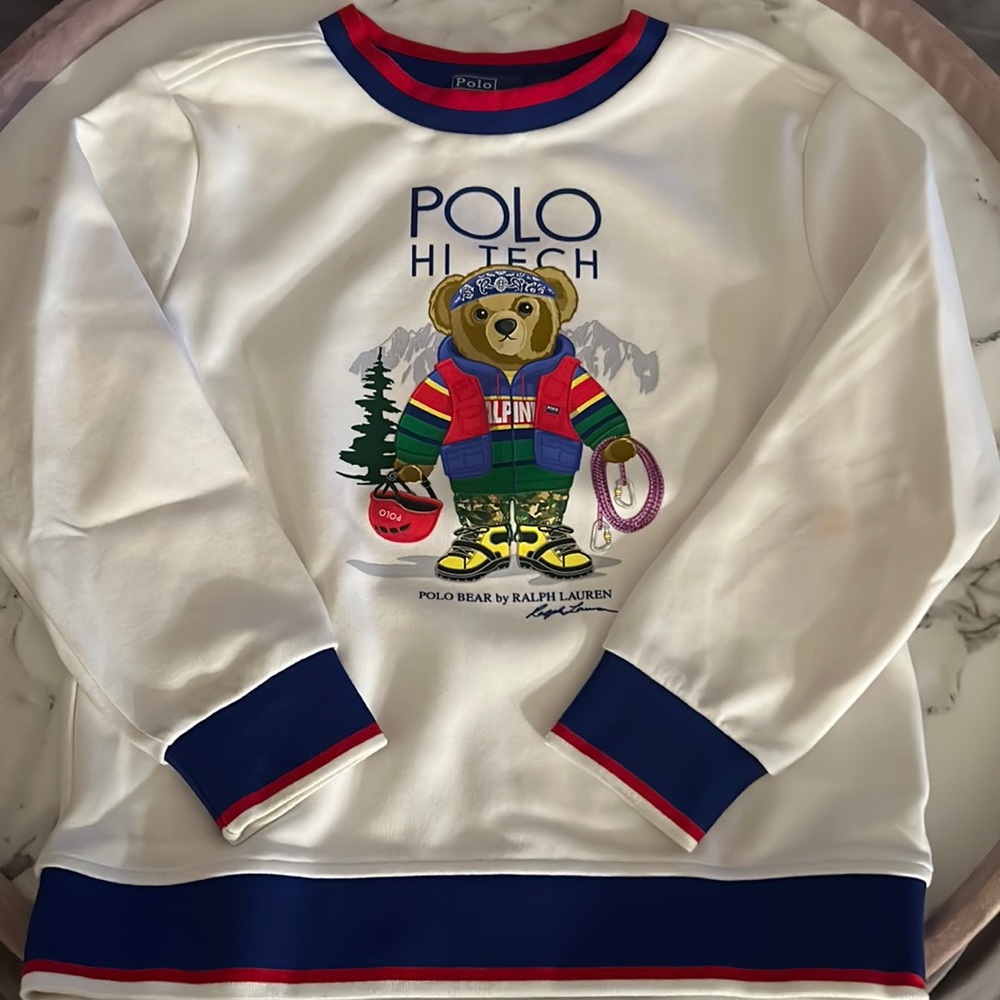 Ralph Lauren White Polo Hi Tech Bear Sweatshirt with Blue & Red Trim